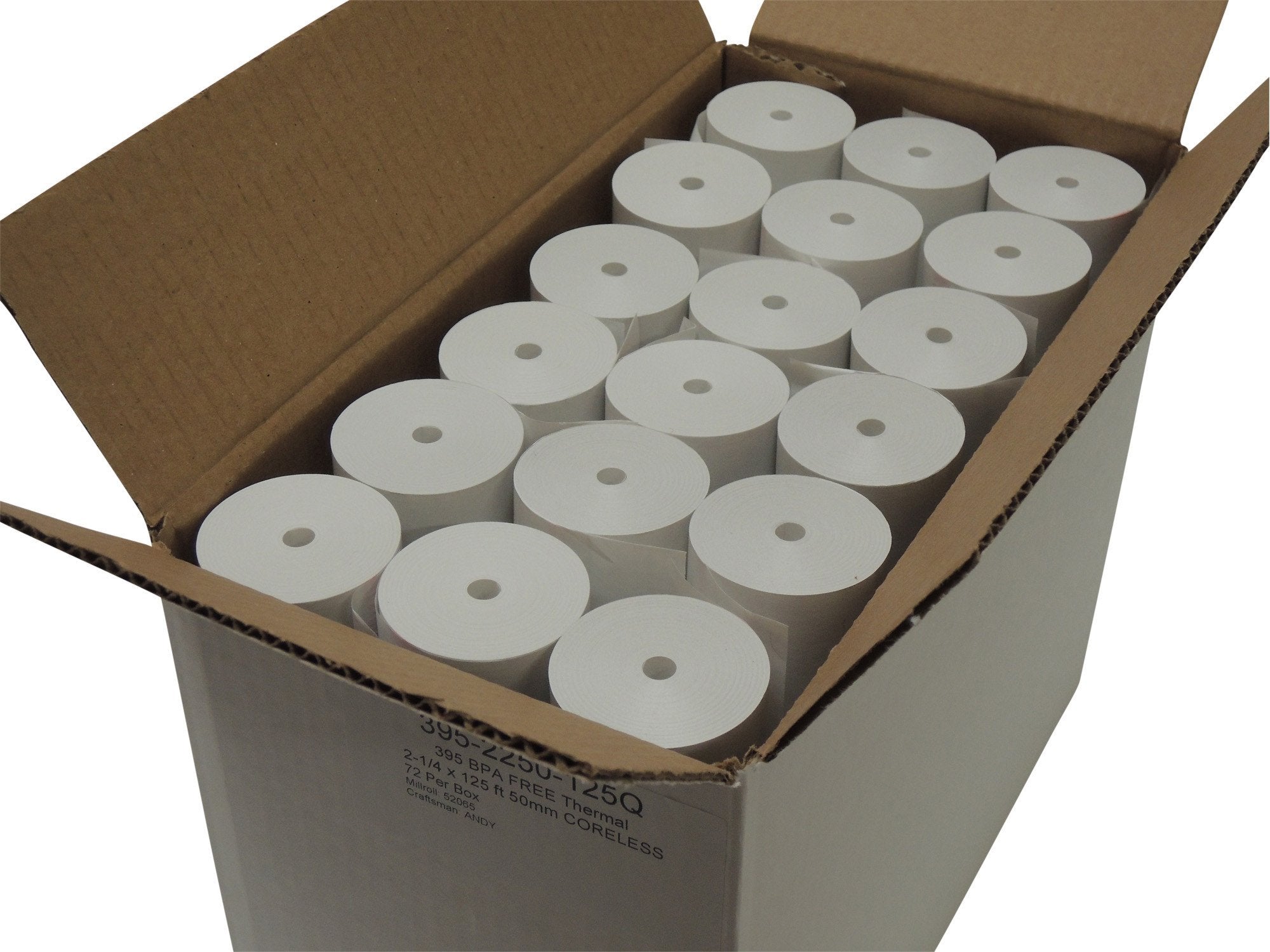 Thermal Paper 2 1/4 x 125 ft x 50mm CORELESS BPA Free 60 rolls
