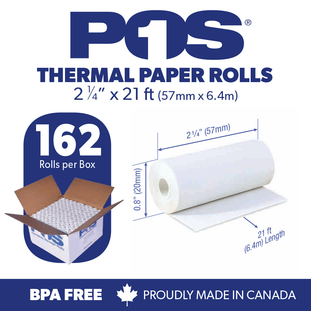 POS1 Thermal Paper 2 1/4 x 21 ft x 21mm CORELESS BPA Free 162 rolls