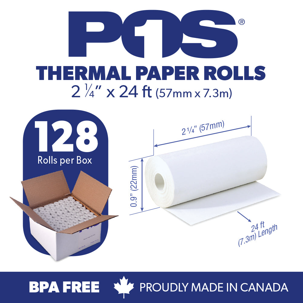 POS1 Thermal Paper 2 1/4 x 24 ft x 22mm CORELESS BPA Free fits Pidion BIP-1500 and Poynt 128 rolls