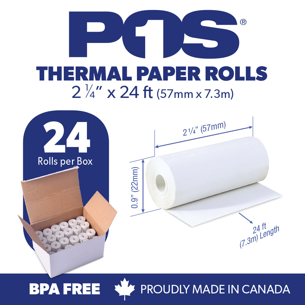 POS1 Thermal Paper 2 1/4 x 24 ft x 22mm CORELESS BPA Free fits Pidion BIP-1500 and Poynt 24 rolls